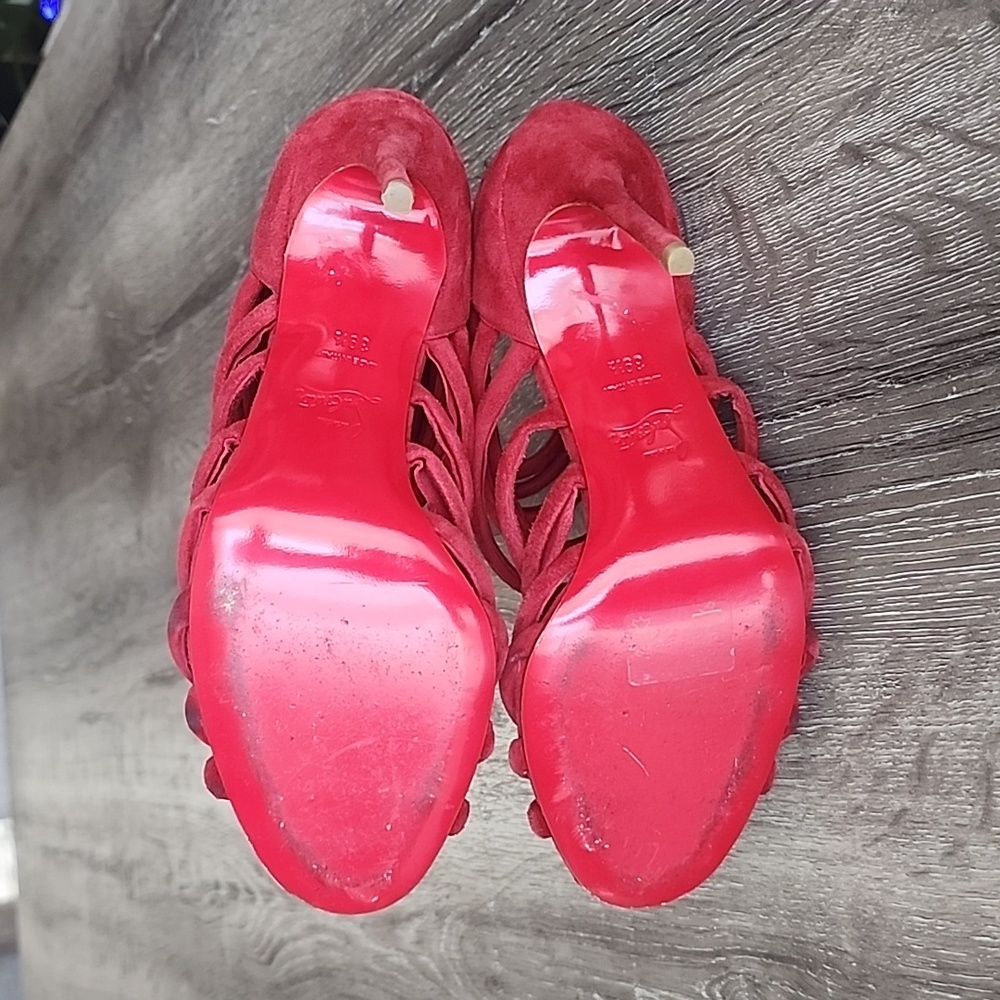 Christian Louboutin Mariniere Red Suede Gladiator Sandals Caged Strappy Heels - Picture 9 of 14
